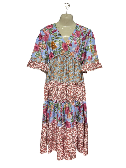 |M| BUST 17| B44| BOHO PATCHWORK FLORAL MAXI DRESS - TIERED V-NECK FLUTTER SLEEVE MIXED PRINT SUNDRESS