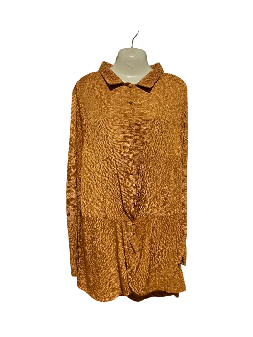 AUTOGRAPH |M| BUST 21| B44| MUSTARD GOLD CRINKLE PLISSE SHIRT DRESS - LONG SLEEVE TWIST FRONT BUTTON UP TUNiC