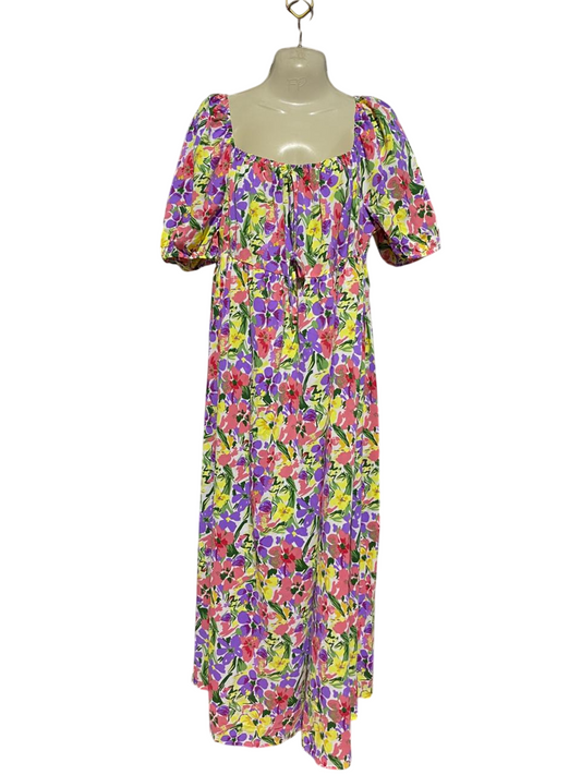 SHEIN |XL| BUST 17| B44| VIBRANT MULTICOLOR FLORAL MAXI DRESS - PUFF SLEEVE SQUARE NECK EMPIRE WAIST SUNDRESS