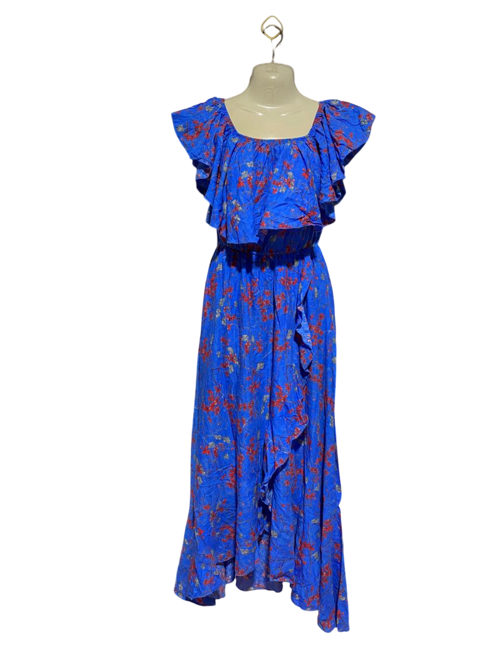 WHITE SANDSTORM |M| BUST 18| B44| COBALT BLUE FLORAL MAXI DRESS - RUFFLED OFF SHOULDER HIGH LOW WRAP STYLE SUNDRESS