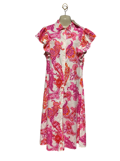 EMERY ROSE |L| WAIST 19| B44| VIBRANT PINK PAISLEY SHIRT DRESS - FLUTTER SLEEVE BUTTON DOWN MAXI DRESS