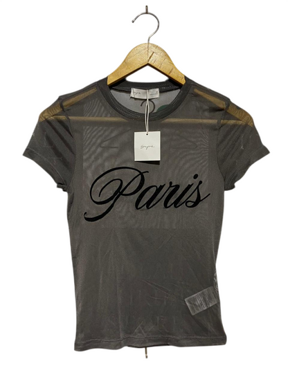 SUPRE |S| BUST 14| B45| CHARCOAL GREY SHEER MESH 'PARIS' GRAPHIC T-SHIRT