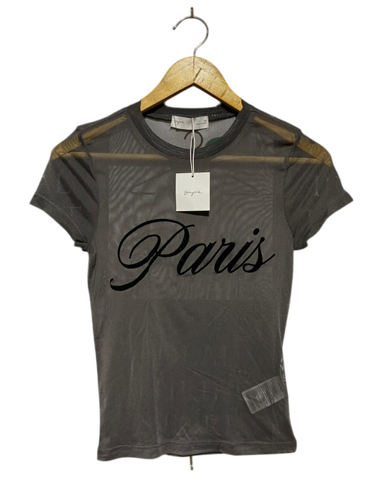 SUPRE |S| BUST 14| B45| CHARCOAL GREY SHEER MESH 'PARIS' GRAPHIC T-SHIRT