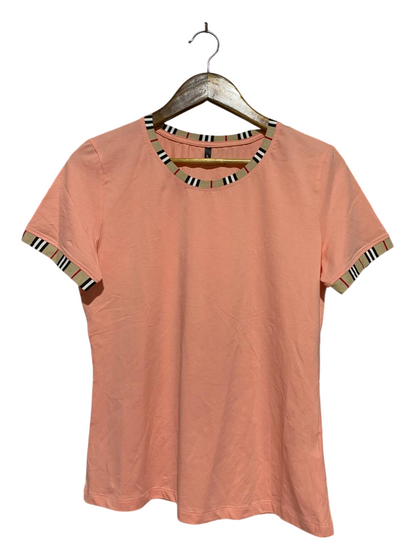 |M| BUST 18| B45| PEACH SHORT SLEEVE T-SHIRT WITH PLAID TRIM DETAILS