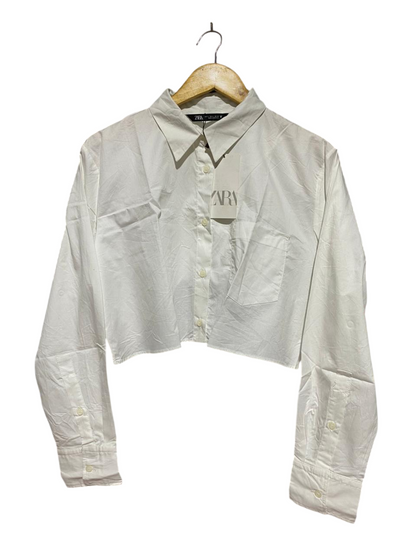 ZARA |L| BUST 17 |B45| WHITE COTTON CROPPED LONG SLEEVE BUTTON-DOWN SHIRT