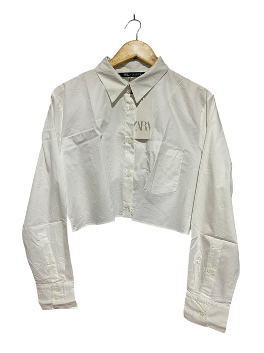 ZARA |L| BUST 17 |B45| WHITE COTTON CROPPED LONG SLEEVE BUTTON-DOWN SHIRT