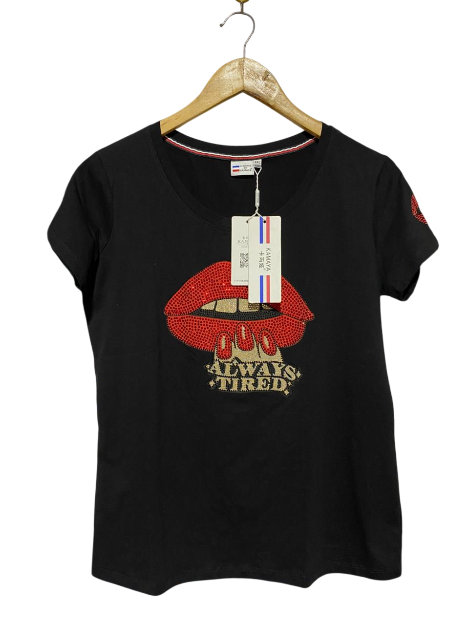KAMAYA |L| BUST 19| B45| BLACK ALWAYS TIRED RHINESTONE LIPS GRAPHIC T-SHIRT
