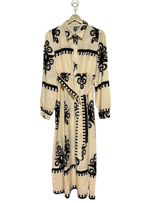 SHEIN |M| BUST 18| B45| CREAM AND BLACK ETHNIC GEOMETRIC PRINT LONG SLEEVE MAXI SHIRT DRESS