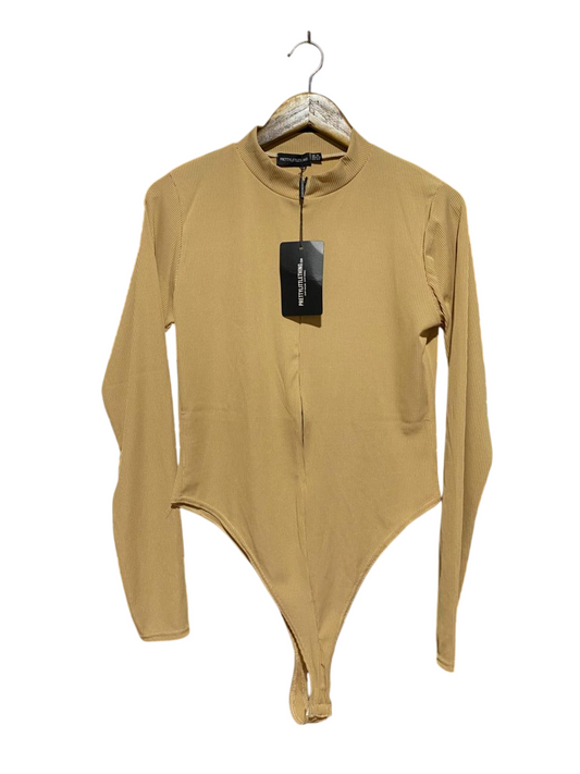 PRETTYLITTLE THING |M| BUST 18| B45| TAN RIBBED LONG SLEEVE MOCK NECK BODYSUIT