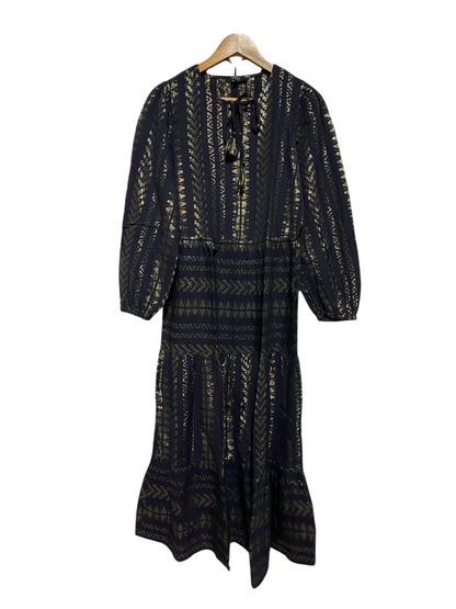 NEXT |M| BUST 18| B45| BLACK AND GOLD METALLIC GEOMETRIC TIERED BOHO MAXI DRESS
