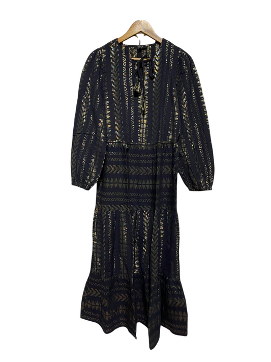NEXT |M| BUST 18| B45| BLACK AND GOLD METALLIC GEOMETRIC TIERED BOHO MAXI DRESS