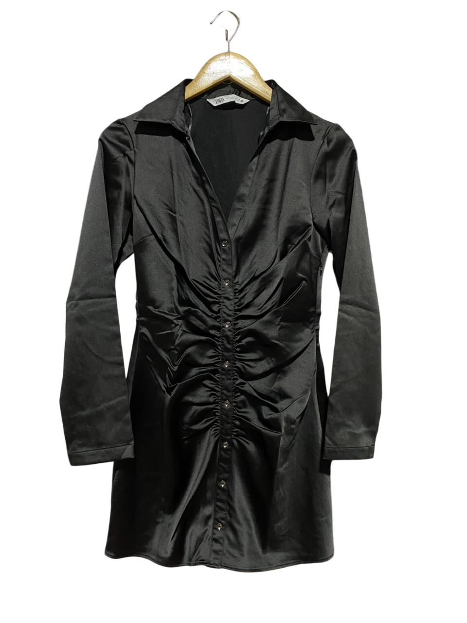ZARA |M| BUST 17| B45| BLACK SATIN RUCHED BUTTON-DOWN SHIRT DRESS