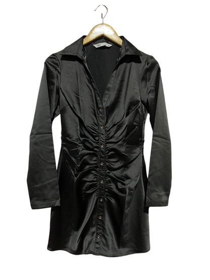 ZARA |M| BUST 17| B45| BLACK SATIN RUCHED BUTTON-DOWN SHIRT DRESS