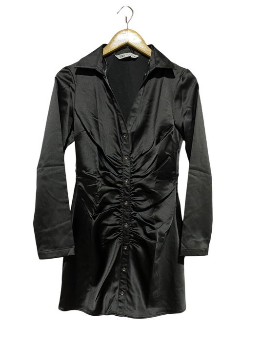 ZARA |M| BUST 17| B45| BLACK SATIN RUCHED BUTTON-DOWN SHIRT DRESS