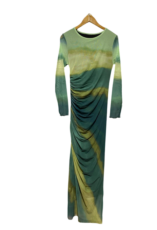 SHEIN |M| BUST 15| B45| GREEN MESH TIE-DYE LONG SLEEVE RUCHED MAXI DRESS