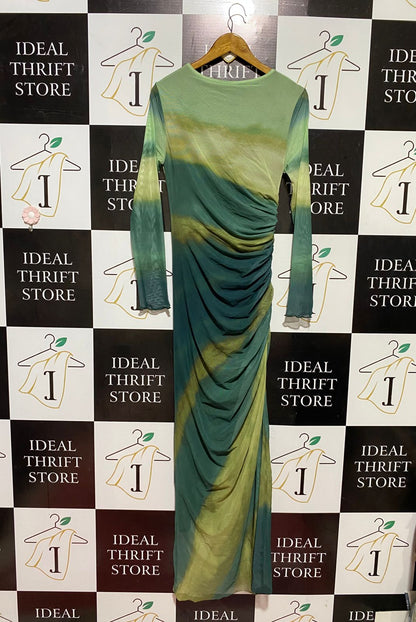 SHEIN |M| BUST 15| B45| GREEN MESH TIE-DYE LONG SLEEVE RUCHED MAXI DRESS