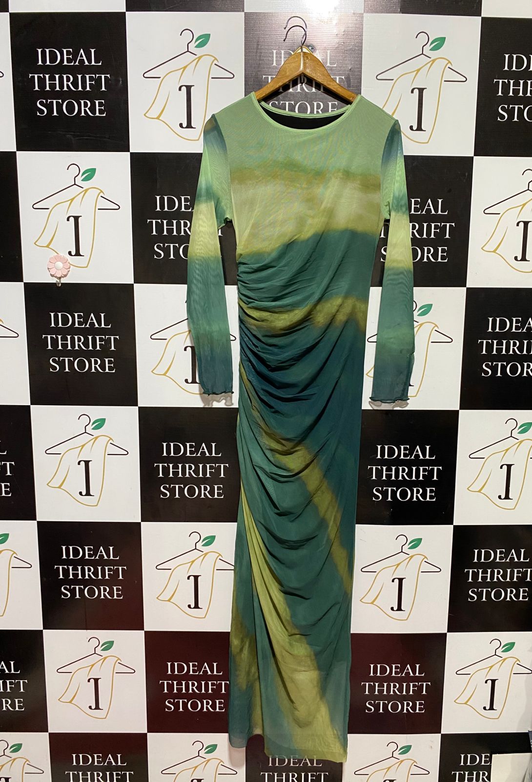 SHEIN |M| BUST 15| B45| GREEN MESH TIE-DYE LONG SLEEVE RUCHED MAXI DRESS
