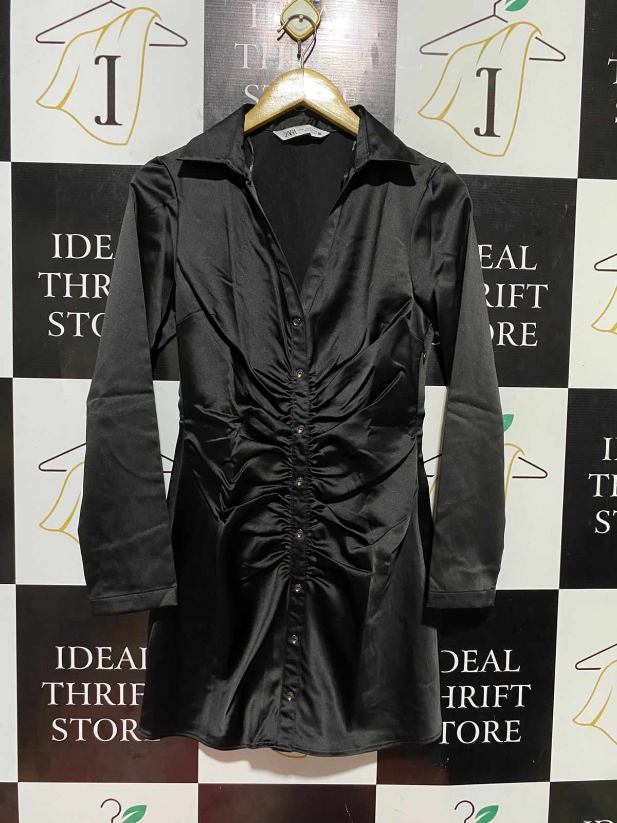 ZARA |M| BUST 17| B45| BLACK SATIN RUCHED BUTTON-DOWN SHIRT DRESS