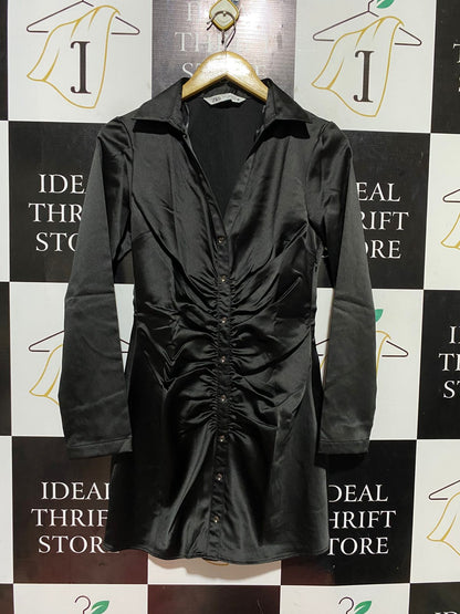 ZARA |M| BUST 17| B45| BLACK SATIN RUCHED BUTTON-DOWN SHIRT DRESS