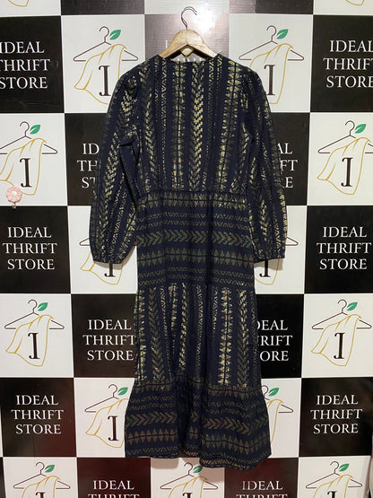 NEXT |M| BUST 18| B45| BLACK AND GOLD METALLIC GEOMETRIC TIERED BOHO MAXI DRESS