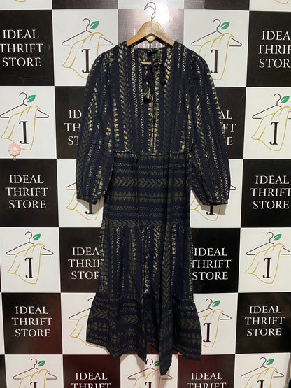 NEXT |M| BUST 18| B45| BLACK AND GOLD METALLIC GEOMETRIC TIERED BOHO MAXI DRESS