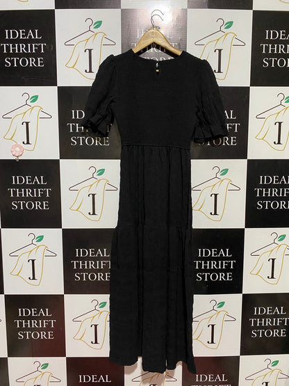 SHEIN |S| BUST 15| B45| BLACK SMOCKED SHORT PUFF SLEEVE TIERED MAXI DRESS