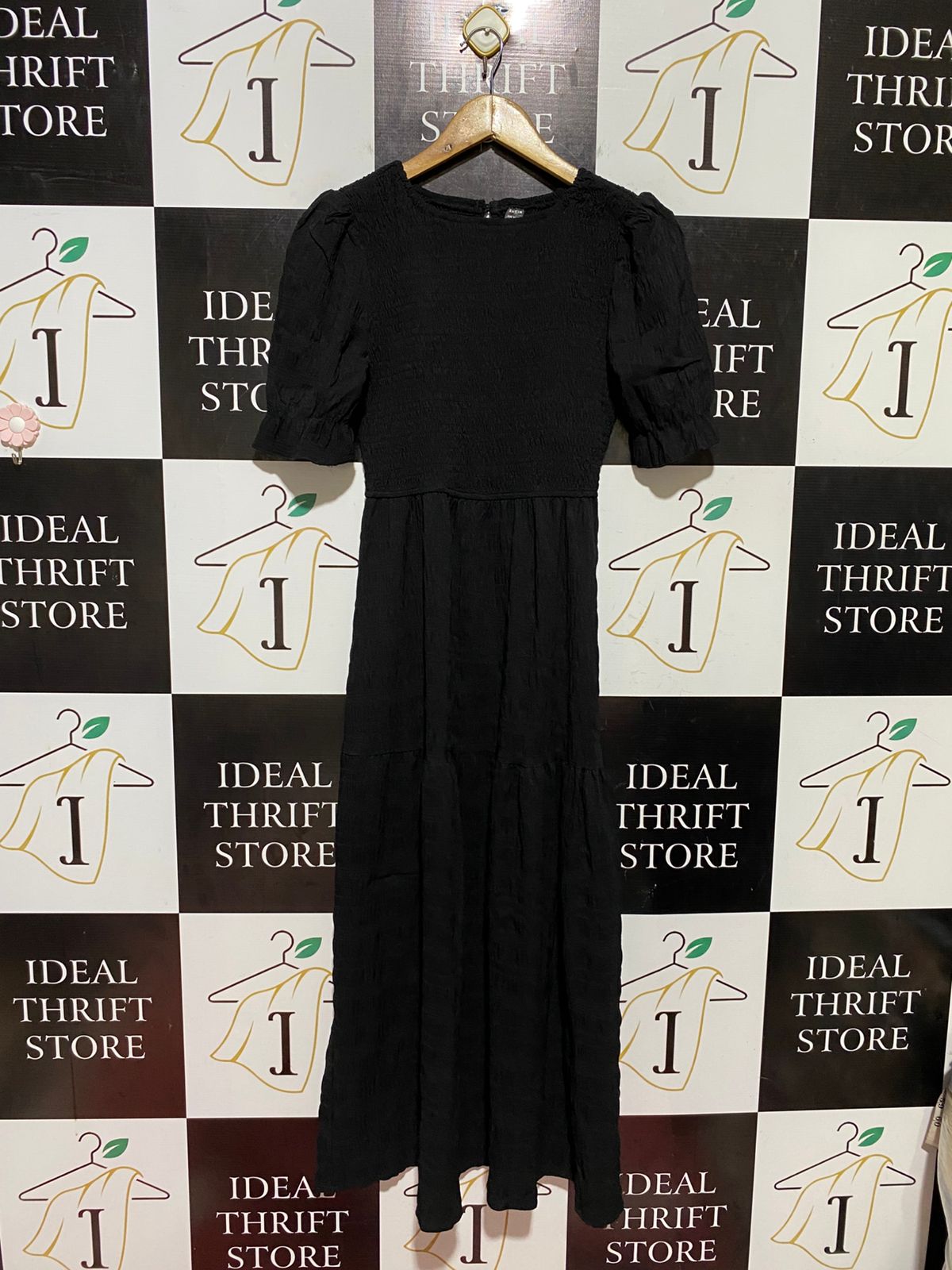 SHEIN |S| BUST 15| B45| BLACK SMOCKED SHORT PUFF SLEEVE TIERED MAXI DRESS