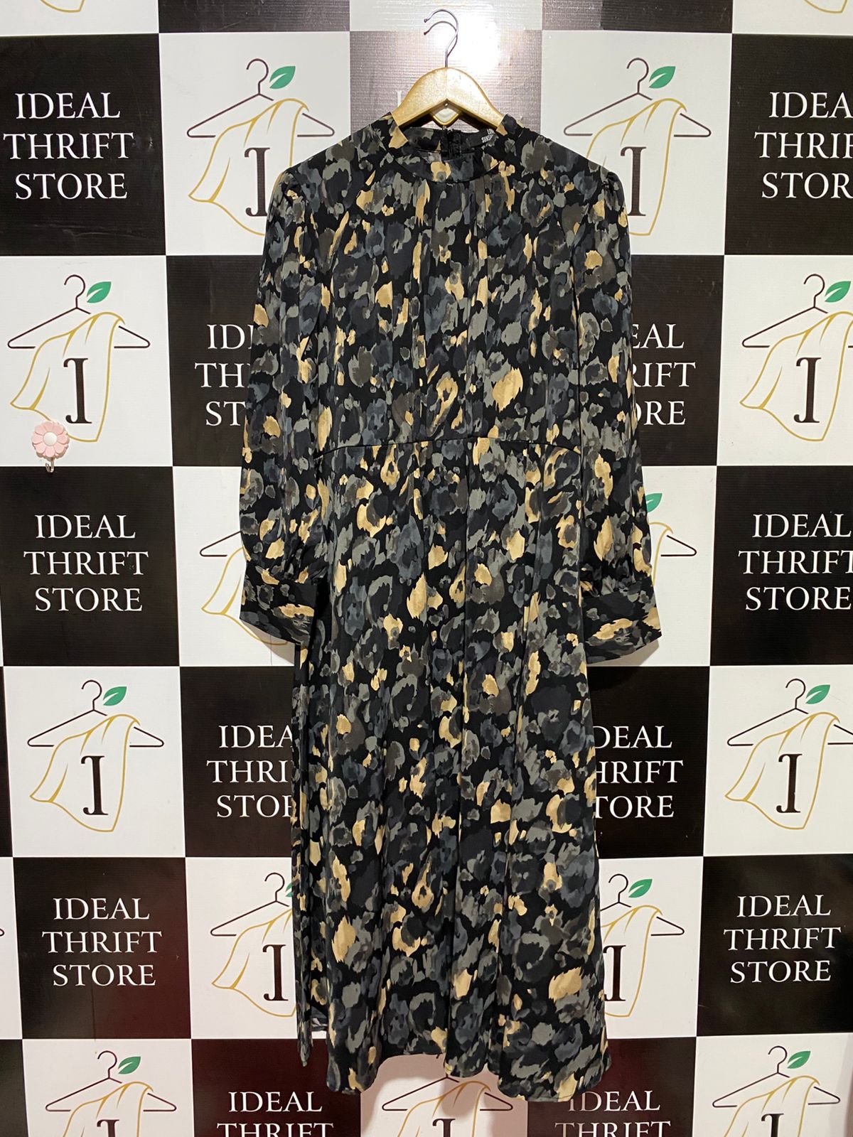 LOVE SUNSHINE |L| BUST 22| B45| BLACK MULTICOLOR ABSTRACT FLORAL LONG SLEEVE MIDI DRESS