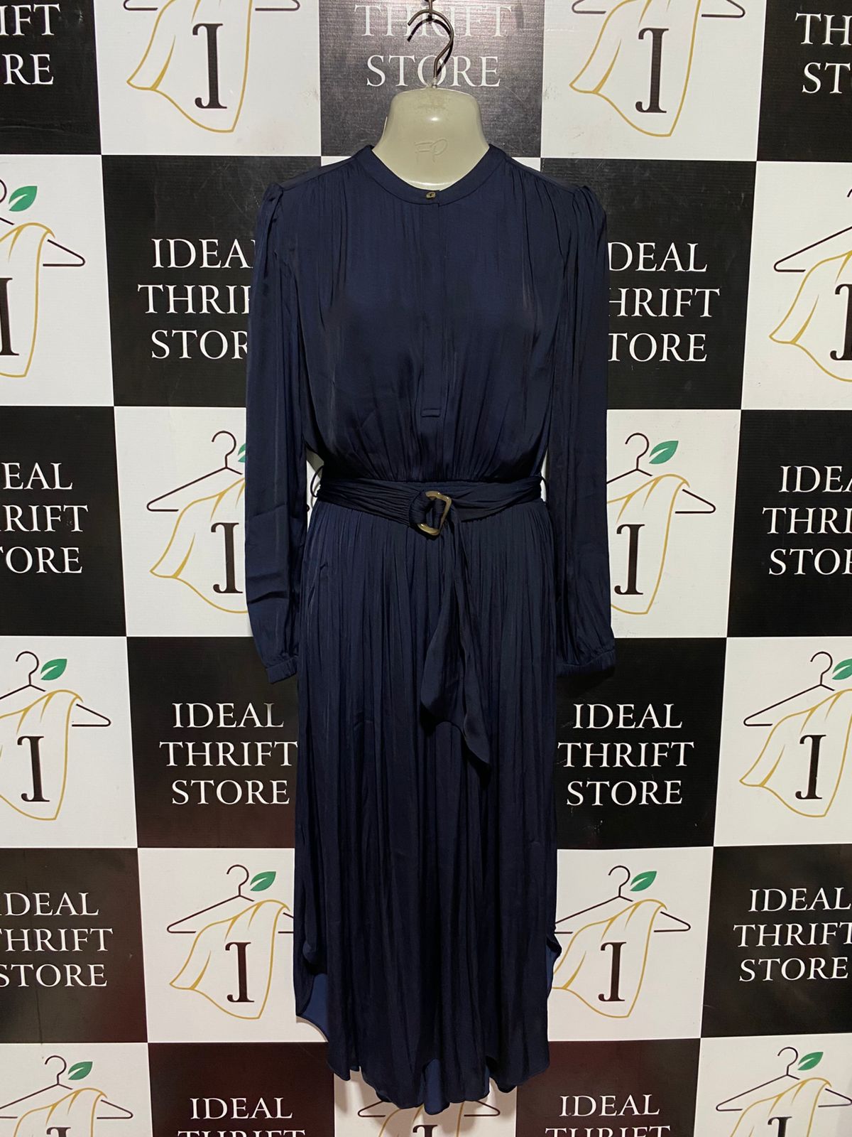 WITCHERY |S| BUST 17| B45| NAVY BLUE LONG SLEEVE PLEATED BELTED MIDI DRESS