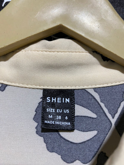 SHEIN |M| BUST 18| B45| CREAM AND BLACK ETHNIC GEOMETRIC PRINT LONG SLEEVE MAXI SHIRT DRESS