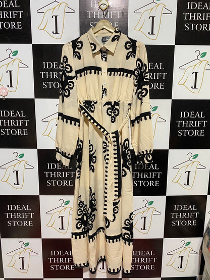 SHEIN |M| BUST 18| B45| CREAM AND BLACK ETHNIC GEOMETRIC PRINT LONG SLEEVE MAXI SHIRT DRESS
