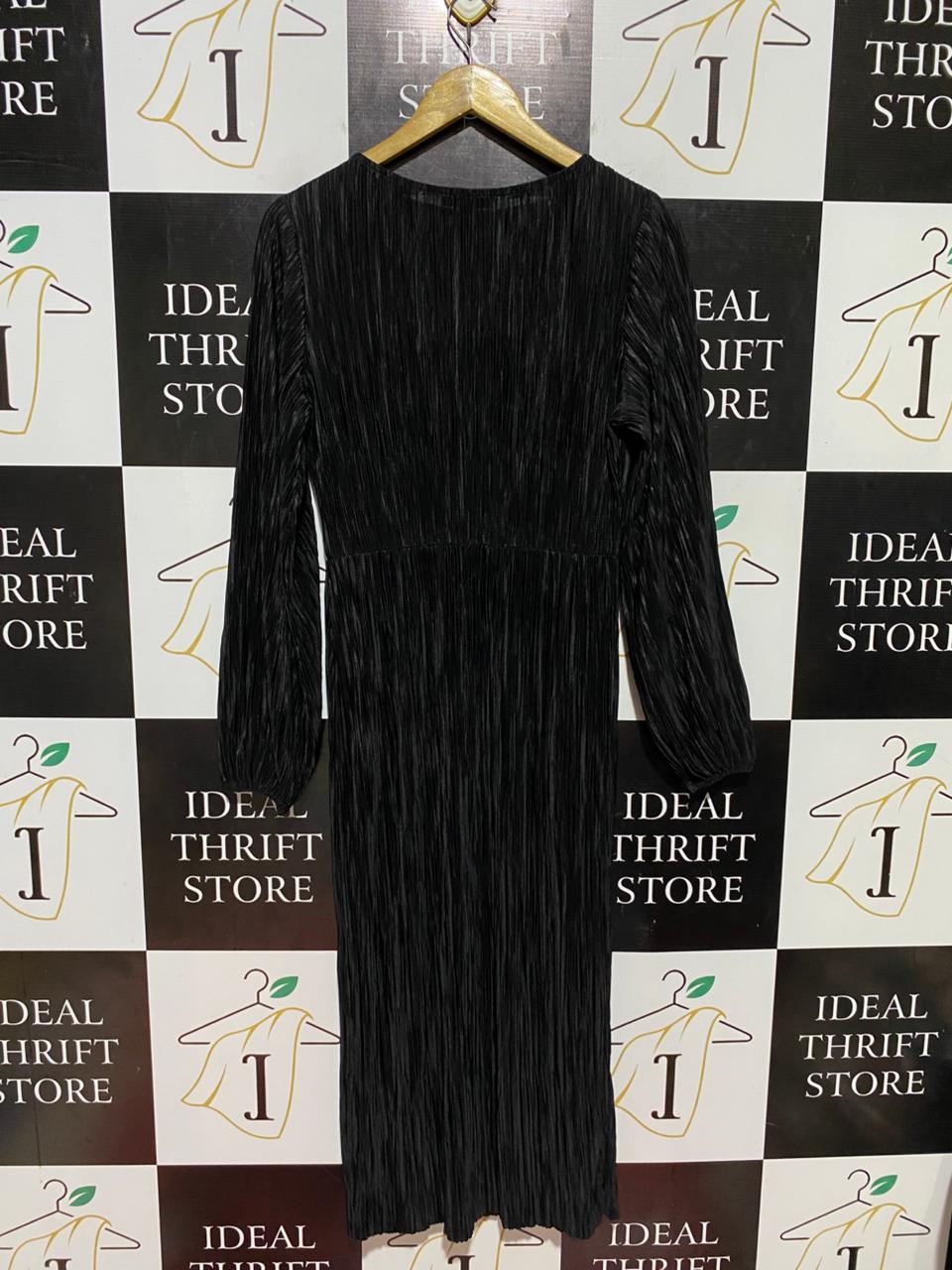 PRIMARK |M| BUST 18| B45| BLACK PLISSÉ LONG SLEEVE MIDI DRESS