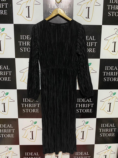 PRIMARK |M| BUST 18| B45| BLACK PLISSÉ LONG SLEEVE MIDI DRESS