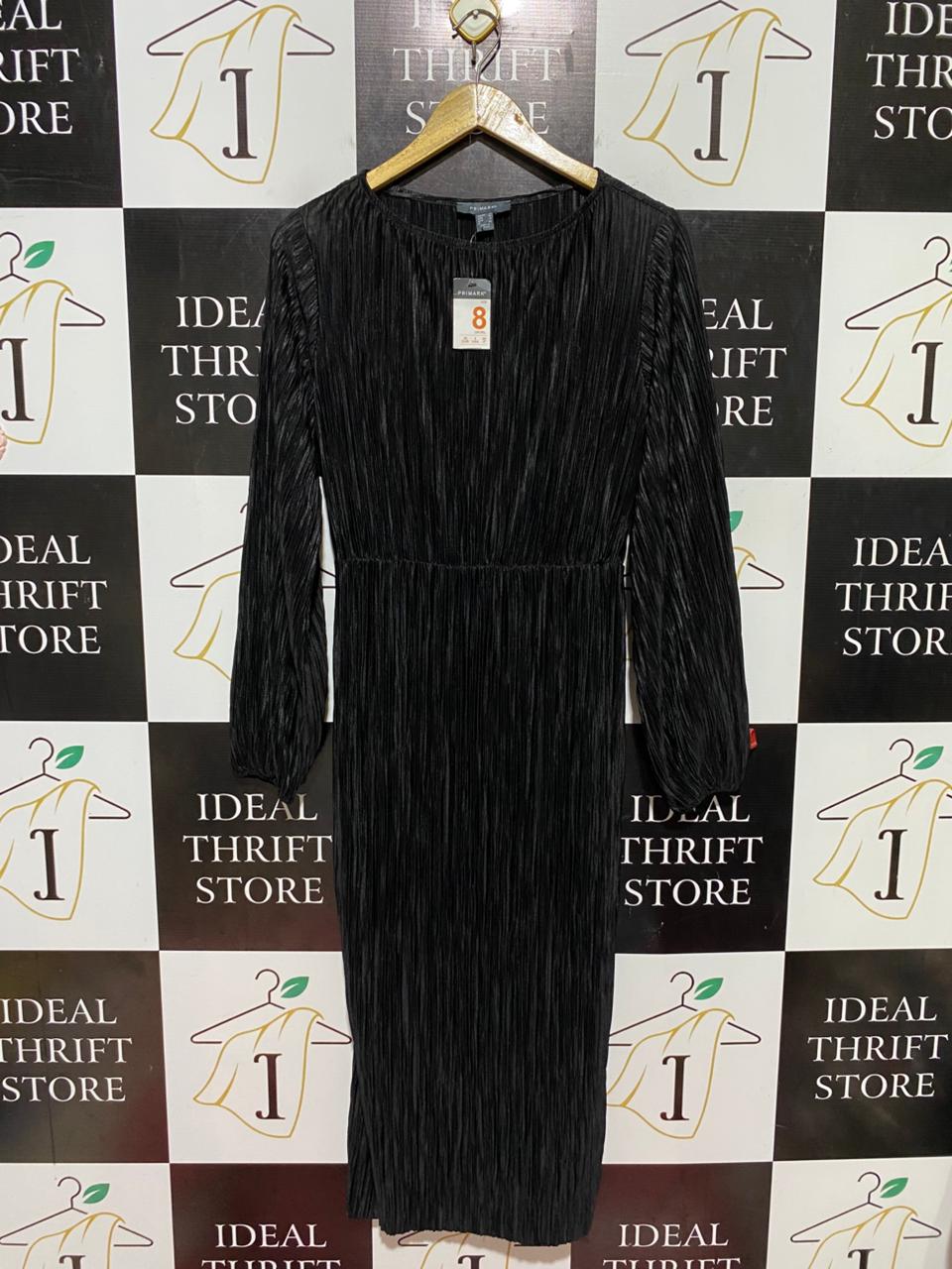 PRIMARK |M| BUST 18| B45| BLACK PLISSÉ LONG SLEEVE MIDI DRESS