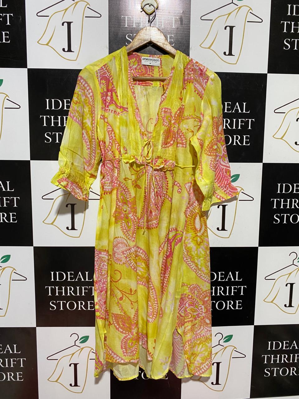 ONE SEASON |L| BUST 19| B45| YELLOW PAISLEY PRINT COTTON RESORT KAFTAN DRESS