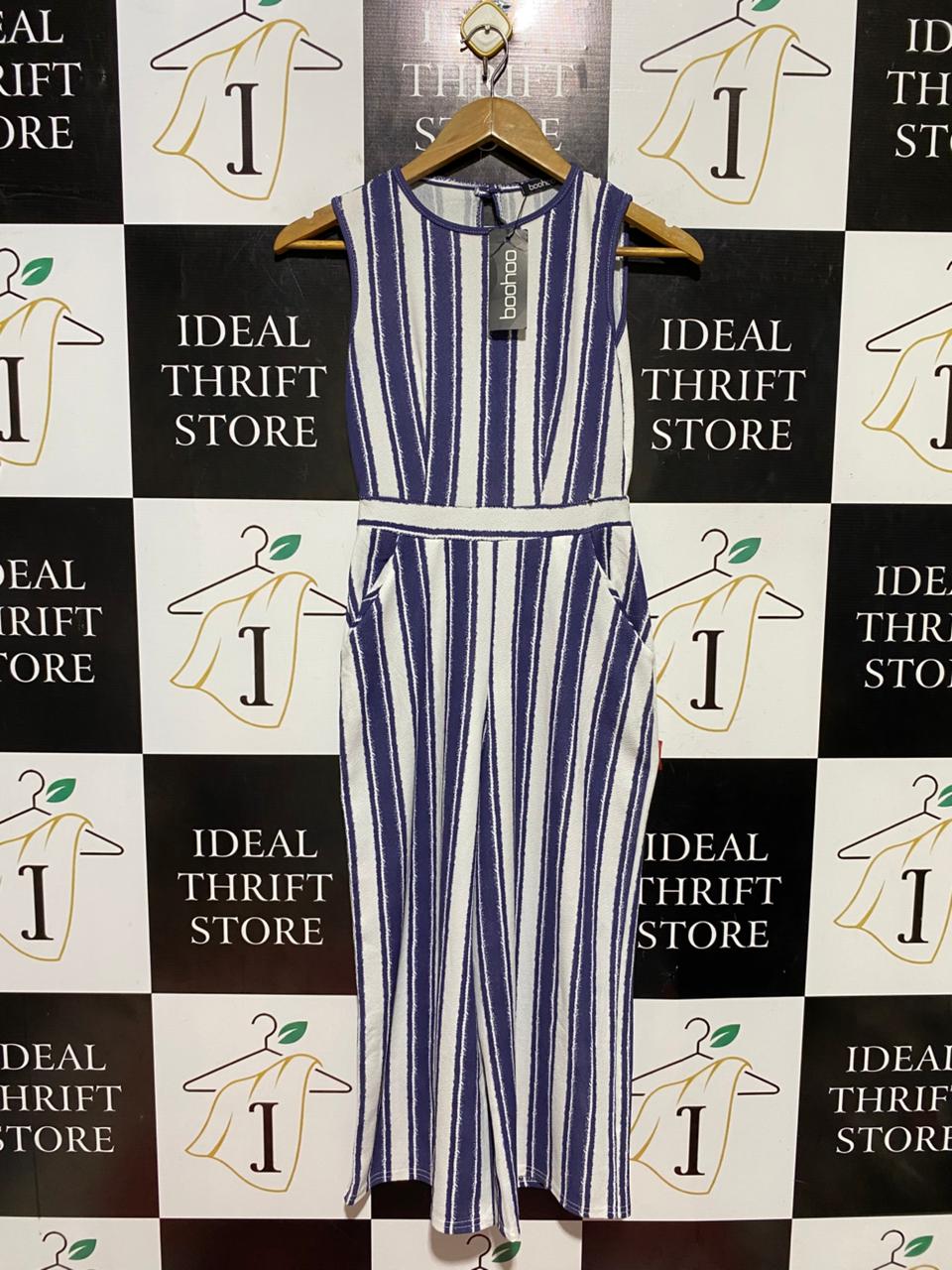 BOOHOO |S| BUST 14| B45| BLUE AND WHITE STRIPED SLEEVELESS WIDE LEG JUMPSUIT