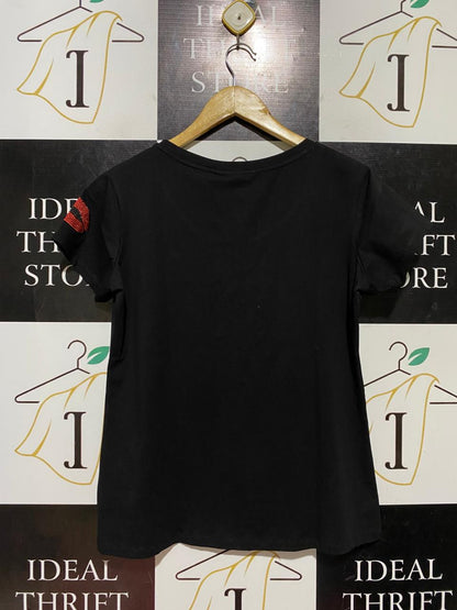 KAMAYA |L| BUST 19| B45| BLACK ALWAYS TIRED RHINESTONE LIPS GRAPHIC T-SHIRT