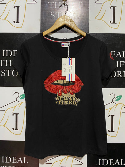 KAMAYA |L| BUST 19| B45| BLACK ALWAYS TIRED RHINESTONE LIPS GRAPHIC T-SHIRT