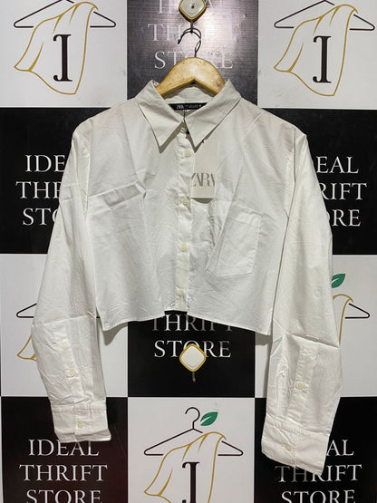 ZARA |L| BUST 17 |B45| WHITE COTTON CROPPED LONG SLEEVE BUTTON-DOWN SHIRT