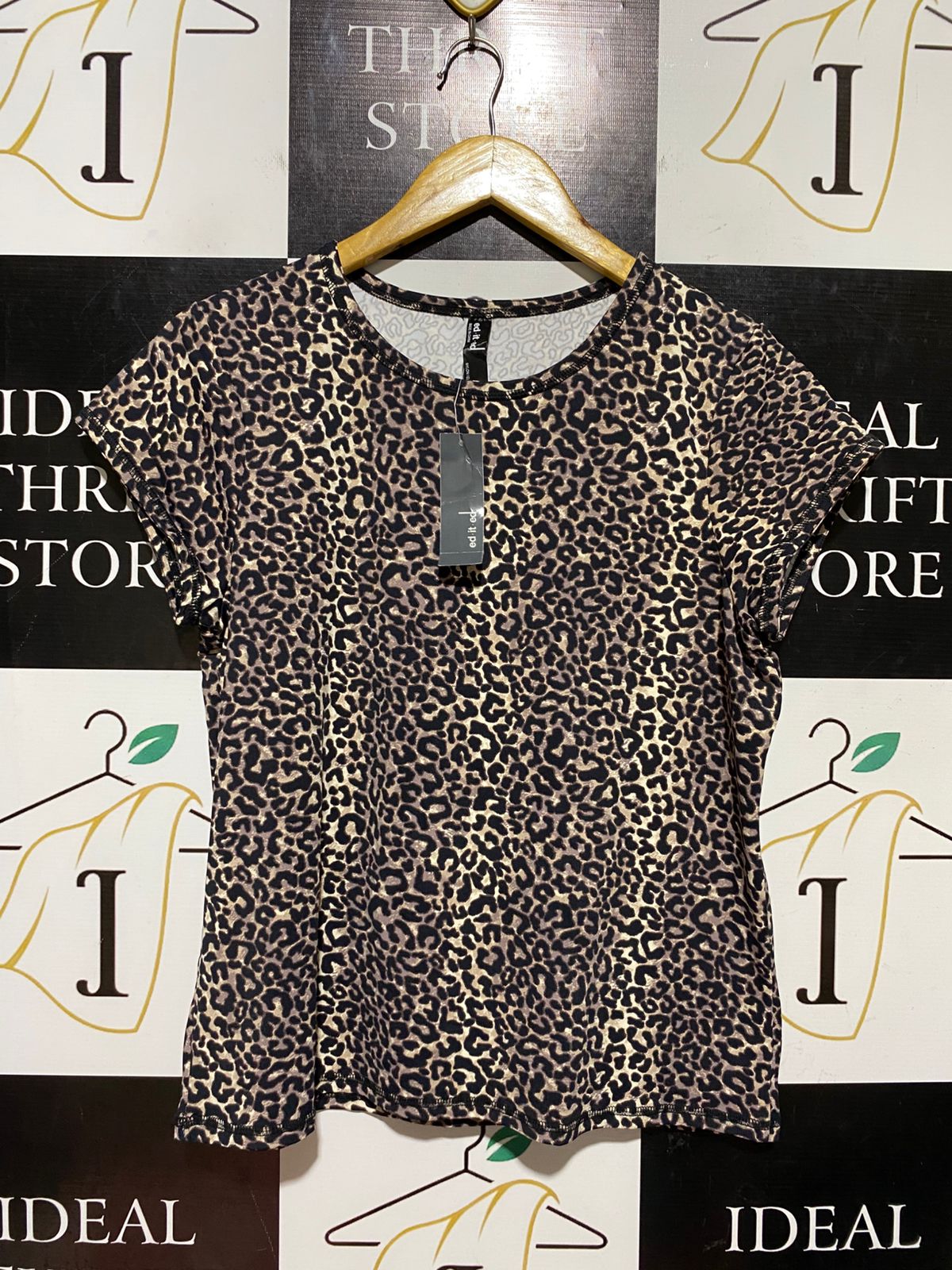 ED IT ED |L| BUST 19| B45| BROWN LEOPARD PRINT SHORT SLEEVE CASUAL T-SHIRT