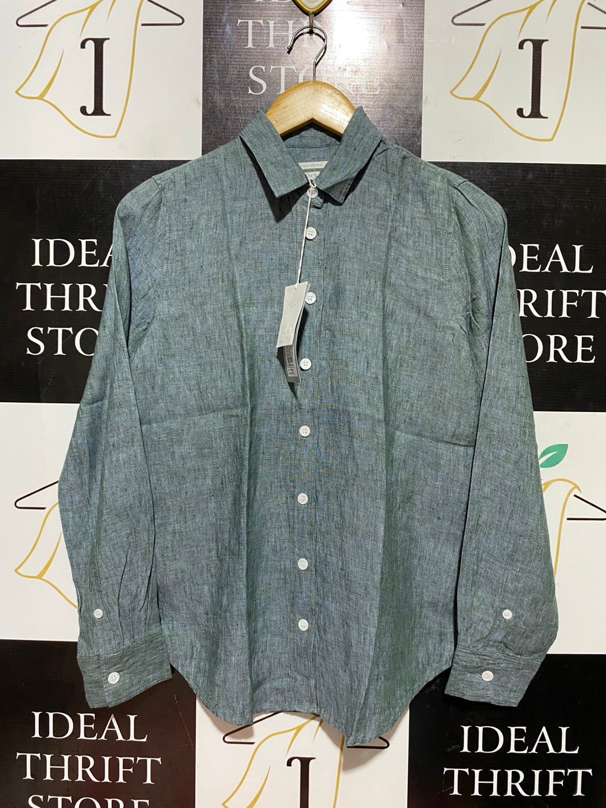 TRENERY |M| BUST 17|B45| SAGE GREEN LINEN LONG SLEEVE BUTTON-DOWN SHIRT