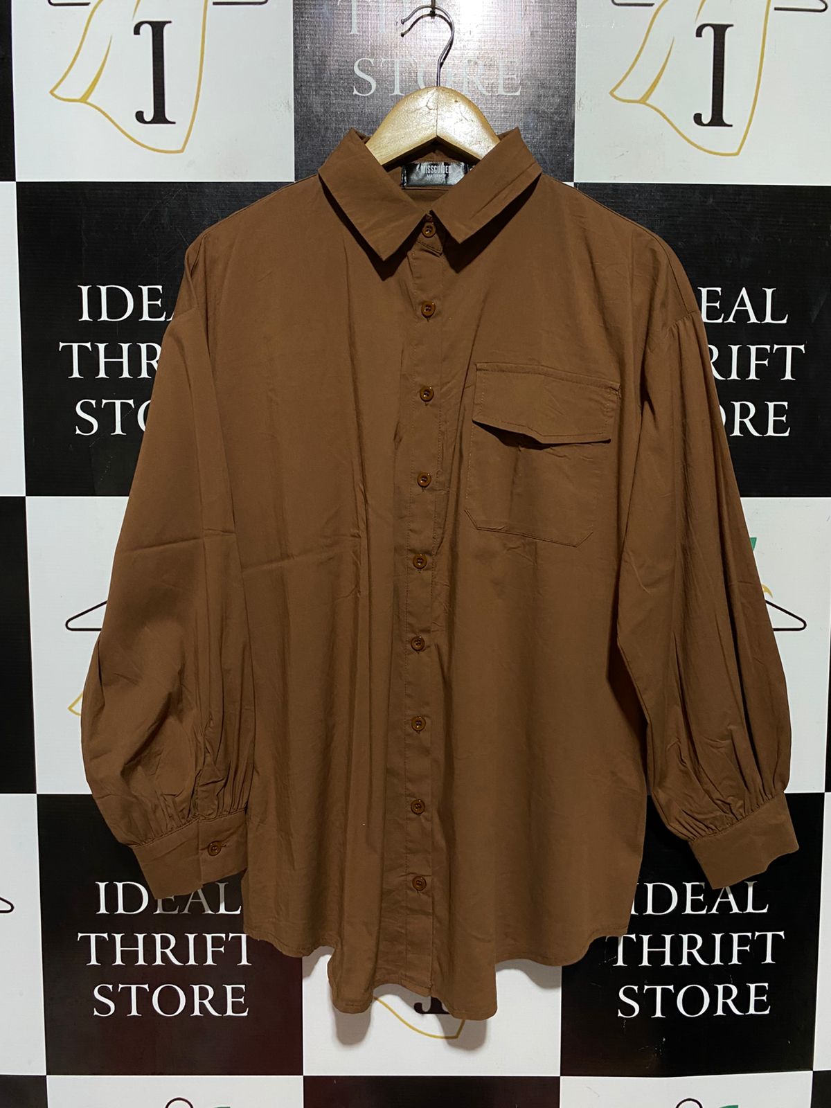 MISS GUIDED |L| BUST 21| B45| BROWN OVERSIZED LONG SLEEVE BUTTON-DOWN SHIRT