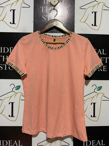 |M| BUST 18| B45| PEACH SHORT SLEEVE T-SHIRT WITH PLAID TRIM DETAILS