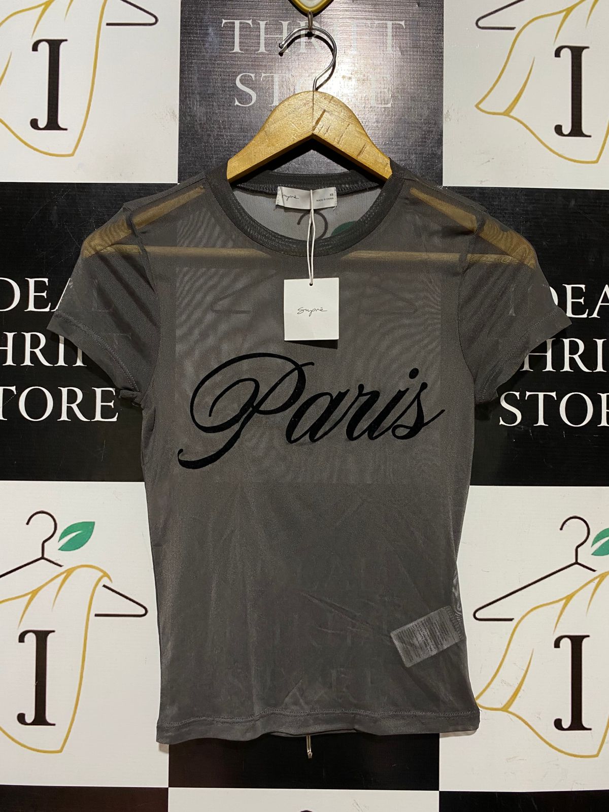 SUPRE |S| BUST 14| B45| CHARCOAL GREY SHEER MESH 'PARIS' GRAPHIC T-SHIRT