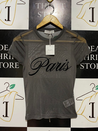 SUPRE |S| BUST 14| B45| CHARCOAL GREY SHEER MESH 'PARIS' GRAPHIC T-SHIRT