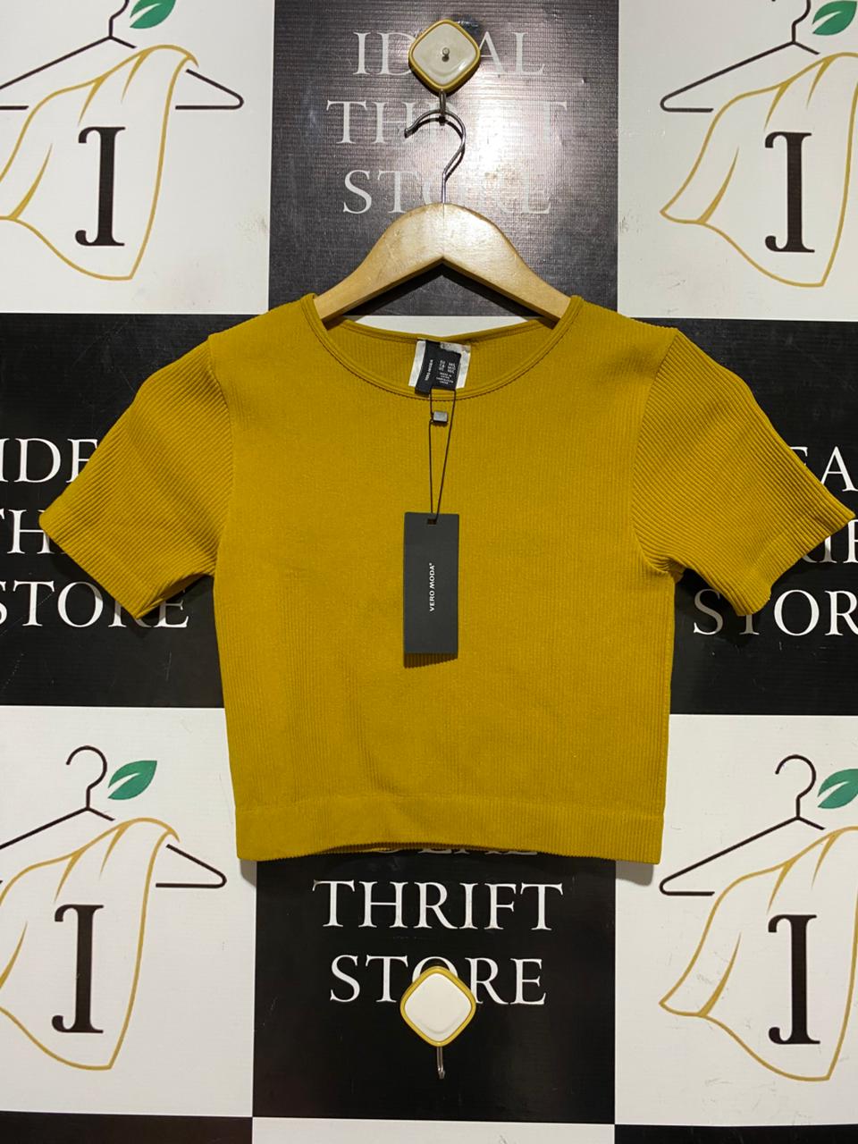 VERO MODA |XS| BUST 13| B45| MUSTARD YELLOW RIBBED SHORT SLEEVE CROP TOP