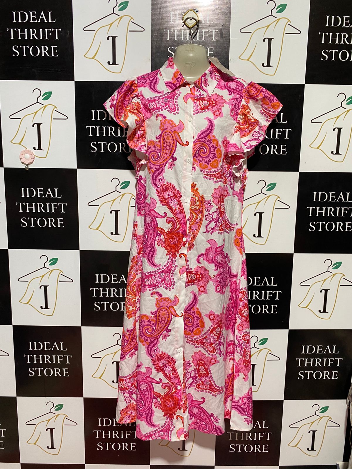 EMERY ROSE |L| WAIST 19| B44| VIBRANT PINK PAISLEY SHIRT DRESS - FLUTTER SLEEVE BUTTON DOWN MAXI DRESS