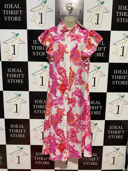 EMERY ROSE |L| WAIST 19| B44| VIBRANT PINK PAISLEY SHIRT DRESS - FLUTTER SLEEVE BUTTON DOWN MAXI DRESS