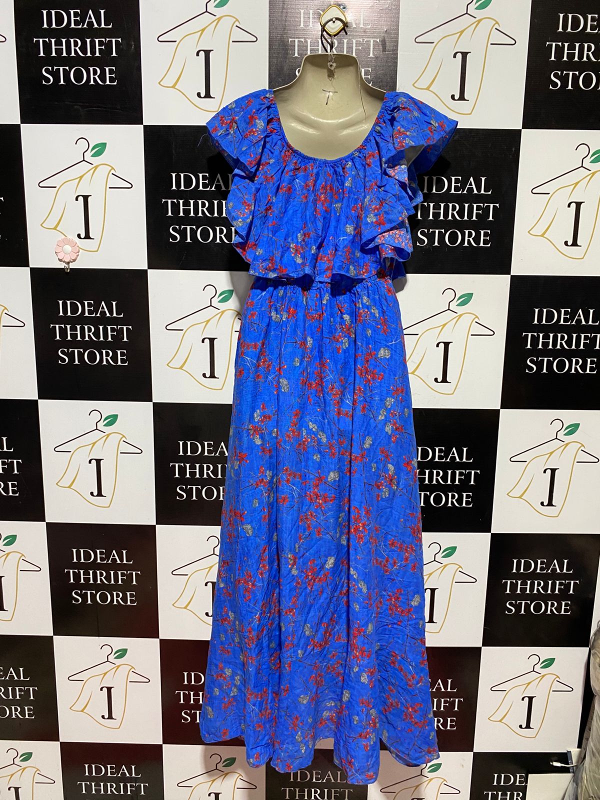 WHITE SANDSTORM |M| BUST 18| B44| COBALT BLUE FLORAL MAXI DRESS - RUFFLED OFF SHOULDER HIGH LOW WRAP STYLE SUNDRESS