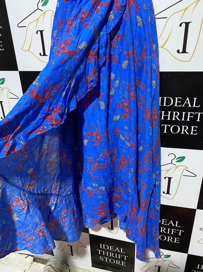 WHITE SANDSTORM |M| BUST 18| B44| COBALT BLUE FLORAL MAXI DRESS - RUFFLED OFF SHOULDER HIGH LOW WRAP STYLE SUNDRESS